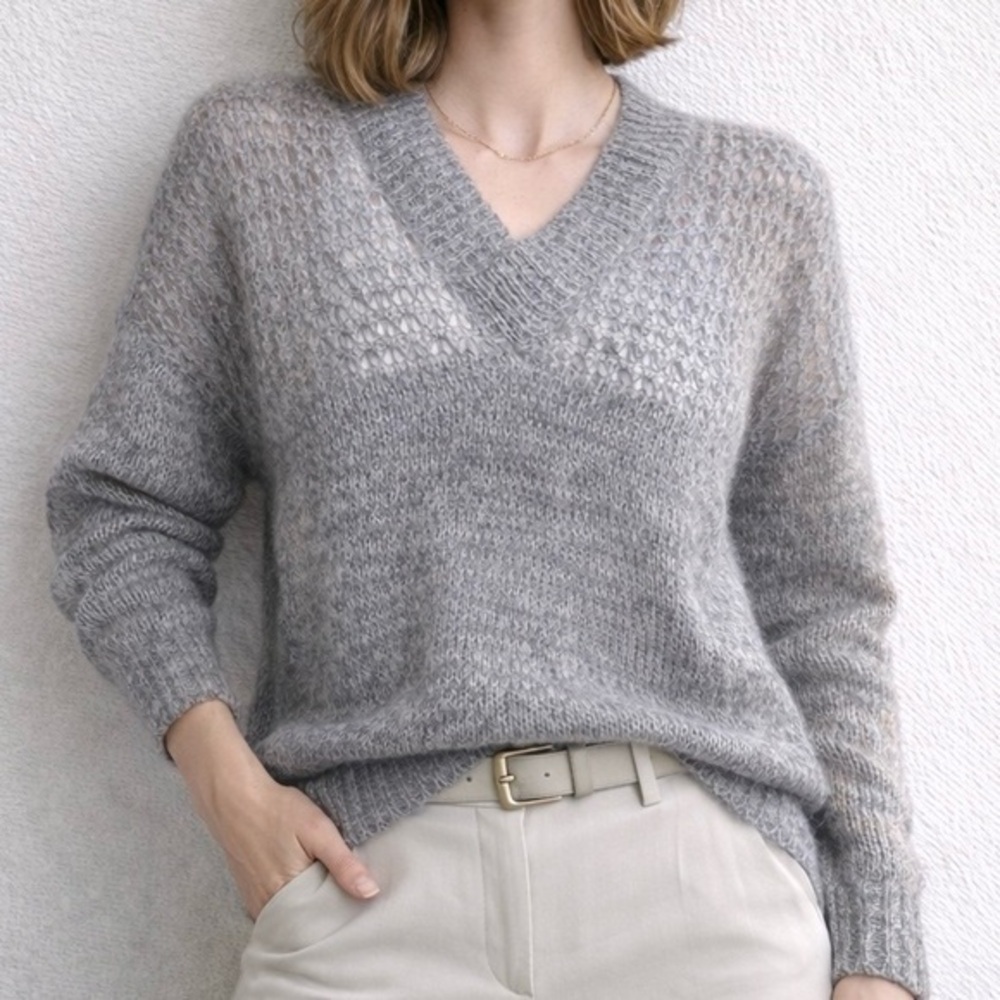 Second Female Mohair Wool Gray Lace V-neck Longsleeve Sweater S